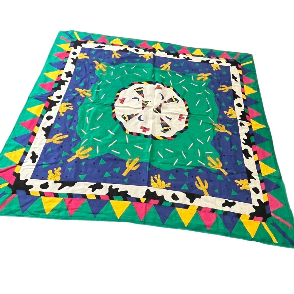 Ginnie Johansen Scarf Womens 34" Green Cactus Cow Print Geometric 1989‎ Vintage